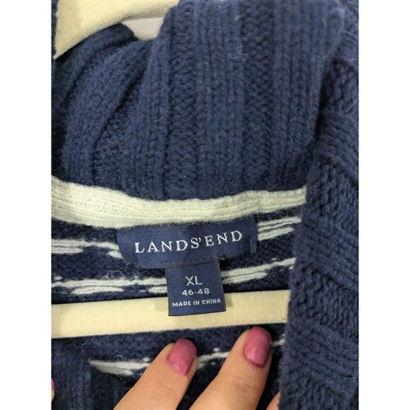 Lands End Men's Lambswool Cable Knit Fair Isle Sweater Navy Shawl Collar Sz XL - Picture 3 of 10